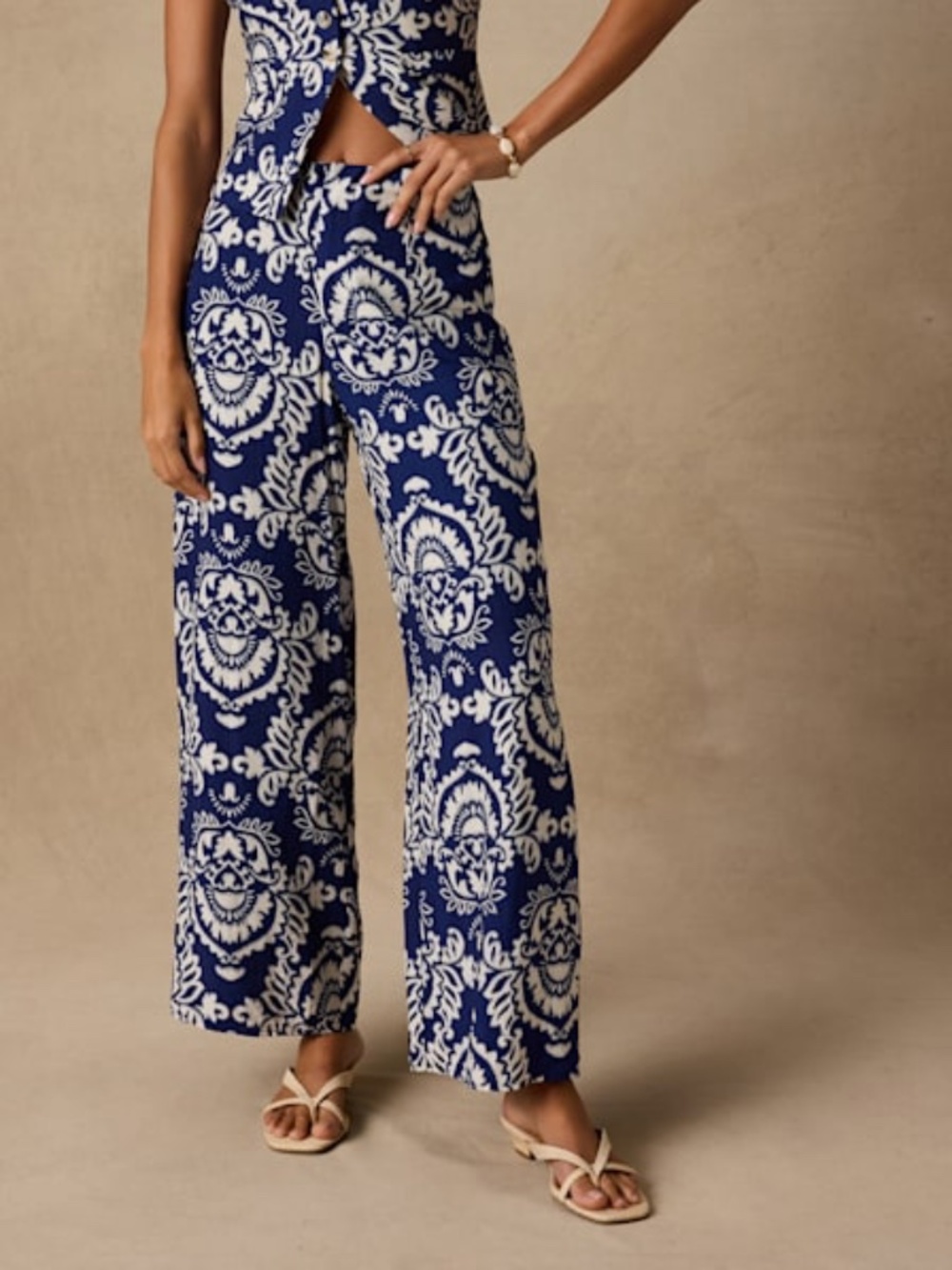 Lulus Caliana Blue And Ivory Boho Print Wide-leg Pants - Size S